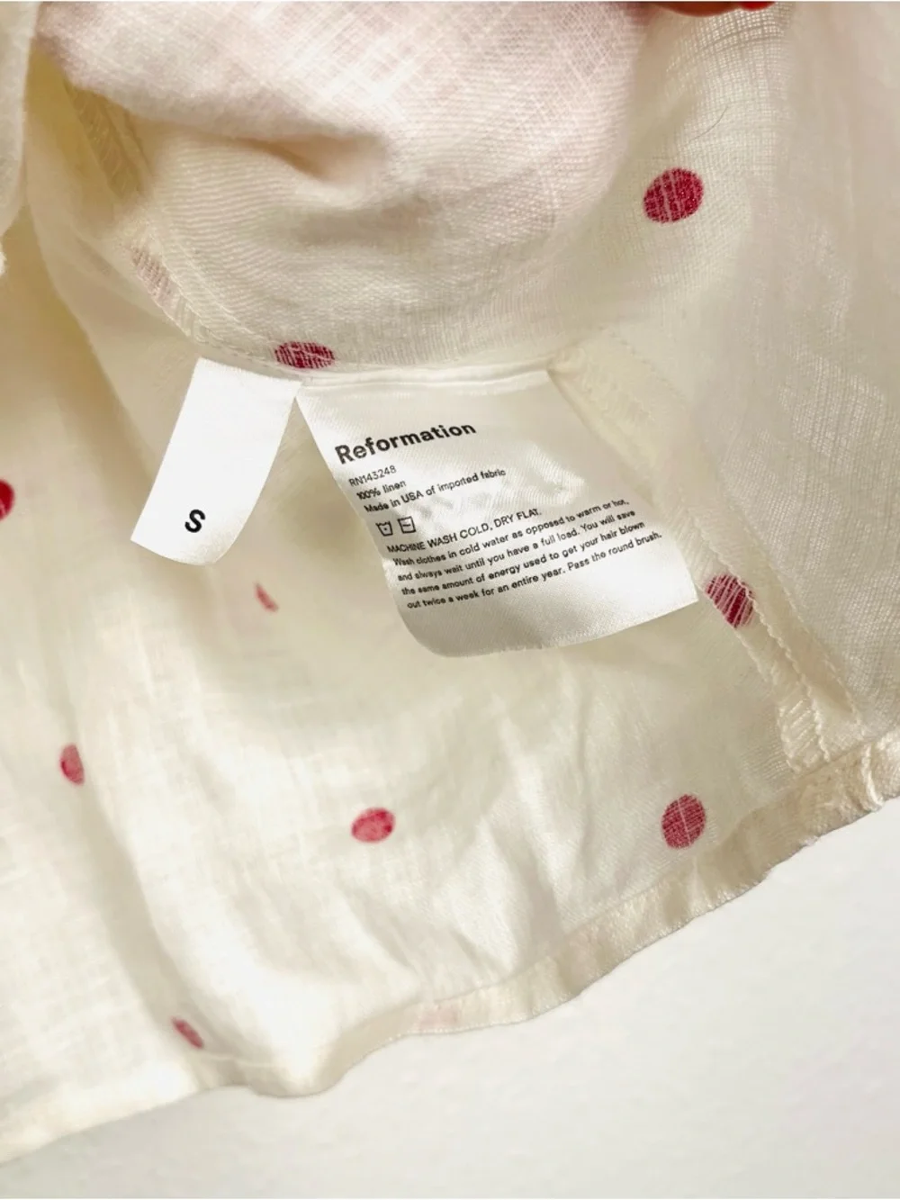 Reformation Cream Tie-Front Crop Top with Red Polka Dots
